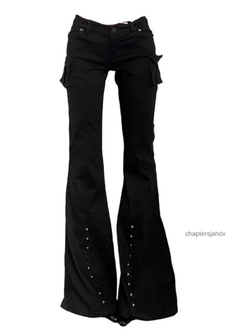 Y2K Low Rise Cargo Flare Pants Studded Bell Bottoms Streetwear
